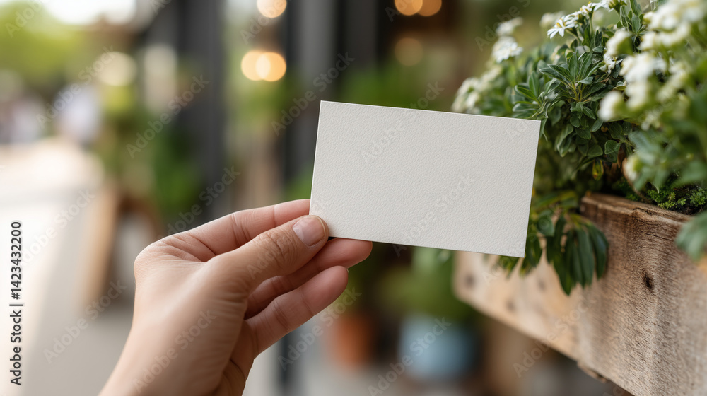 Hand holding business card: a hand holds a blank business card near lush greenery creating a visually captivating design for branding, showcasing nature and business meeting. Hand holding business card: a hand holds a blank business card near lush greenery creating a visually captivating design for branding, showcasing nature and business meeting.
