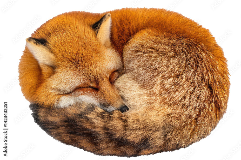 Obraz premium a single fox curled into a tight sleeping ball, tail wrapped over its nose, presented in a detailed and artistic composition, set against a clean