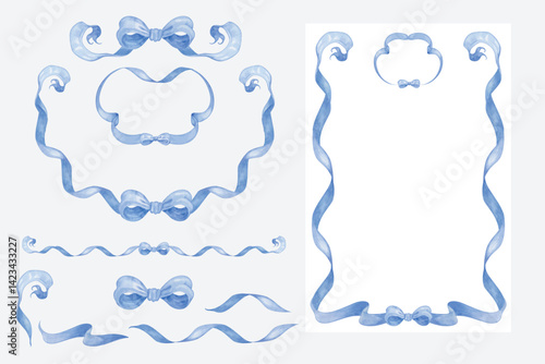 Frame vector and ornament of blue ribbon hand drawn watercolor.