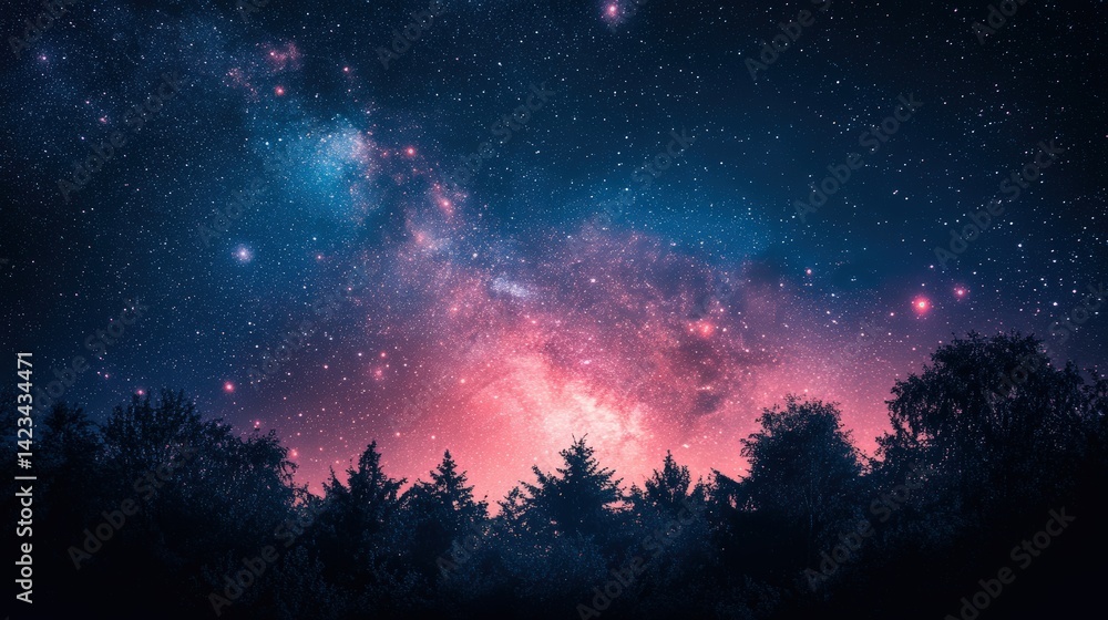 Night sky view over a dense forest. Night sky view over a dense forest.