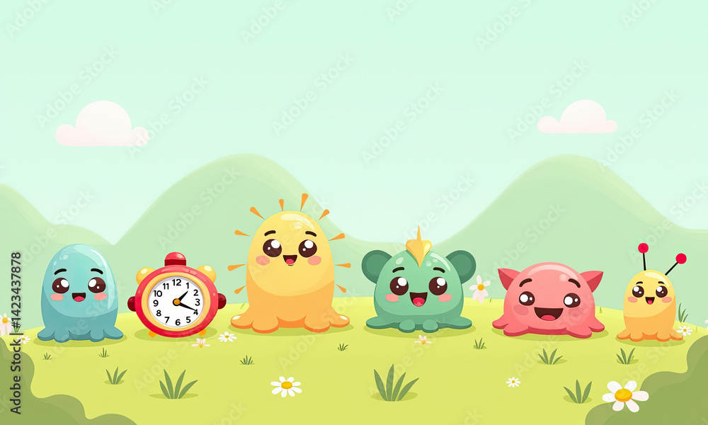 Naklejka premium Cute Monsters & Alarm Clock Illustration - Kawaii characters