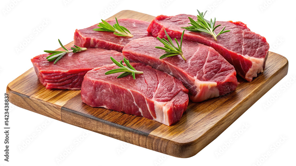 Fototapeta premium Fresh cuts of beef tenderloin on a wooden board with rosemary sprigs