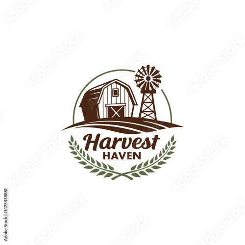 Farmland logo Badge with Barn and Fields Illustration