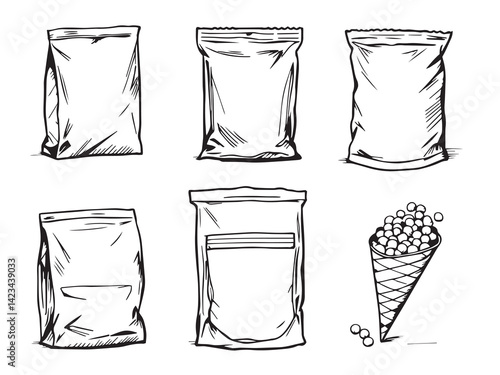 Snack Pouches vector line art illustration