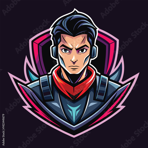 Creative digital vector logo designed for an esports team featuring a gaming character with a modern, futuristic aesthetic