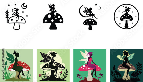 Silhouette of fairy sitting on mushroom