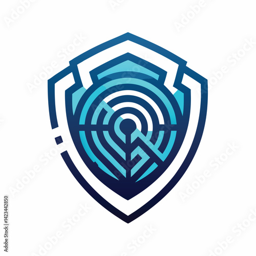 Modern vector logo design featuring biometric security elements with a shield and intricate maze patterns for advanced identity protection
