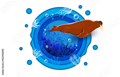 Paper cut underwater landscape with walrus character and fishes silhouette, vector banner. Ocean undersea or sea underwater life with cartoon walrus and fishes of coral reef in paper cut water