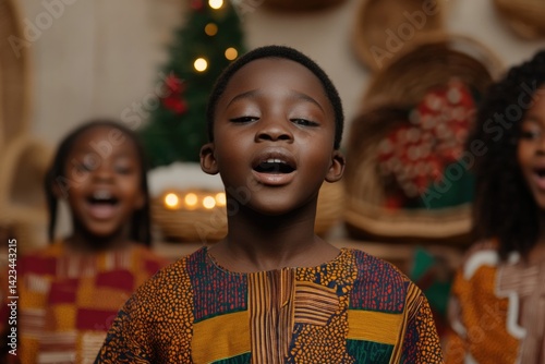Children joyfully singing in vibrant outfits, surrounded by fest