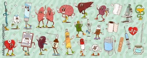 Cartoon groovy medicine and human organ characters, vector retro comic art. Groovy body organs and medical item characters of funny heart with liver and funky kidney, syringe and silly thermometer