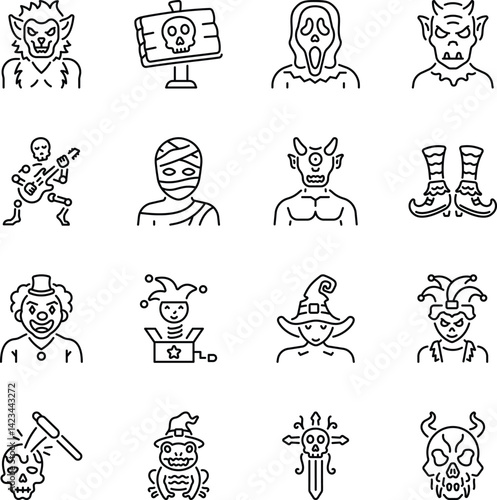 Set of Linear Style Scary and Horror Icons 

