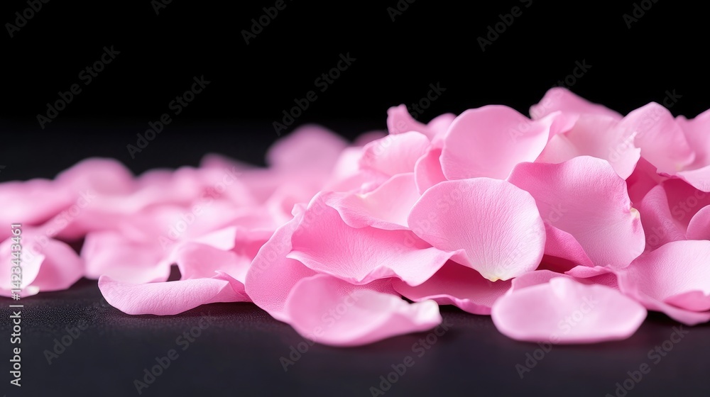 Obraz premium A pile of delicate pink rose petals scattered on a dark black surface with shallow depth of field.