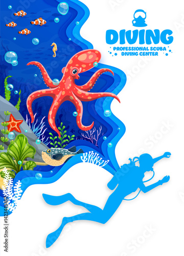 Diving sport banner, papercut underwater landscape with diver and octopus, vector background. Professional divers school or scuba diving center poster with paper cut sea or ocean fishes, seahorses