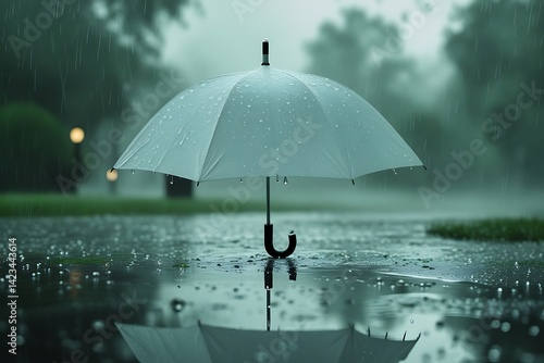 Wallpaper Mural White umbrella, heavy rain, water droplets, translucent background, misty atmosphere, shallow depth of field, soft focus, cool tones, green bokeh, raindrops falling, puddle reflection, moody lighting, Torontodigital.ca