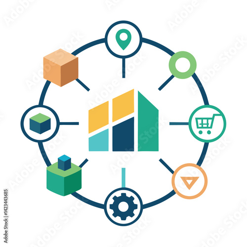 Connected minimalist logo representing supply chain management with geometric shapes and circular layout
