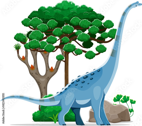 Dinosaur, cartoon prehistoric lizard of Titanosauria species, vector dino animal. Giant dinosaur Titanosaurus or sauropod species lizard of Cretaceous era in jungle for kids paleontology encyclopedia