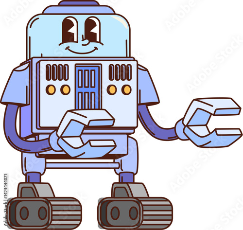 Cartoon groovy robot, retro droid or robotic transformer character, vector personage. Groovy robot with funny face and gripper mechanic hands, comic retro android or futuristic space cyborg character