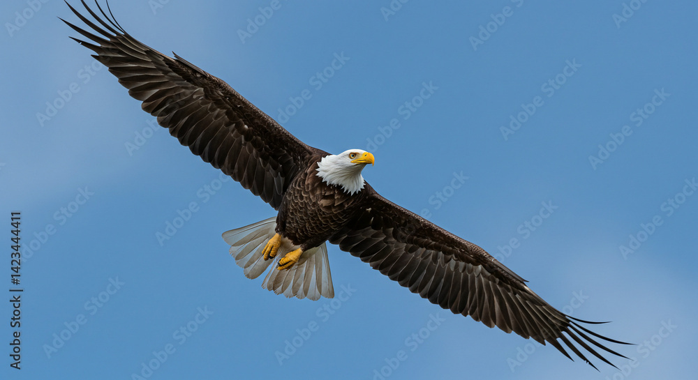 Obraz premium Eagle Flying Across Clear Blue Sky Bird in Flight