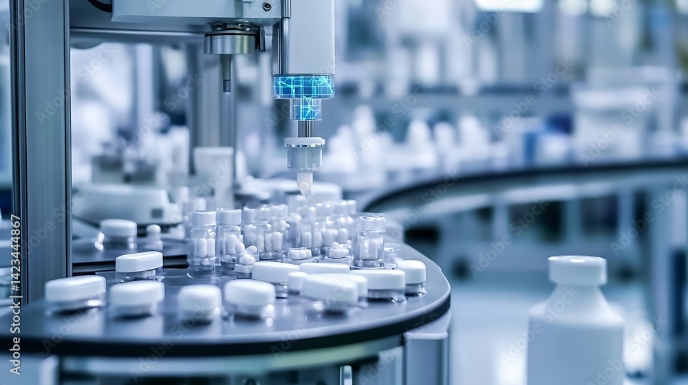 A futuristic pharmaceutical factory producing custom AI designed drugs A futuristic pharmaceutical factory producing custom AI designed drugs