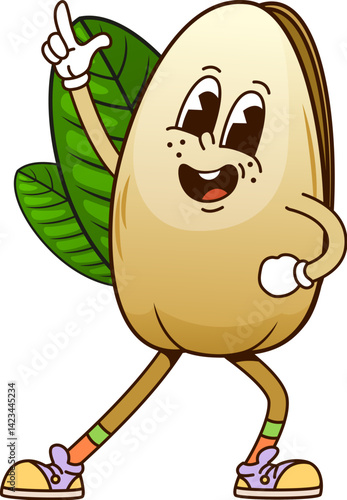 Cartoon groovy pistachio nut character happily dancing a disco dance with carefree expression and green leaves. Isolated vector quirky food personage in retro sneakers, conveying funky y2k vibe