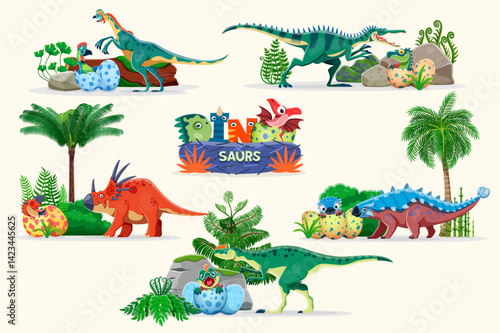 Prehistoric mother dinosaurs with kids in eggs. Cartoon vector charming dino family moms oviraptor, baryonyx, styracosaurus, kileskus, ankylosaurus and their babies nesting with the vivid eggshells