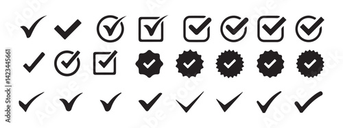 Checkmark icon set, approved symbol, checked checkbox mark, checkmark set black c,,ghek mark icon set. vector illustration eps 10.