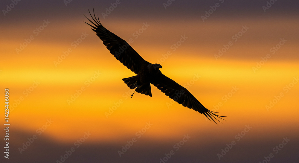 Naklejka premium Bird Flying Silhouette Against Dramatic Colorful Sky at Sunset