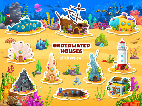 Stickers pack of fairytale underwater sea house buildings. Cartoon fairy houses on sea bottom vector background with fish shoal. Cute sunken ship, submarine and treasure chest underwater buildings set