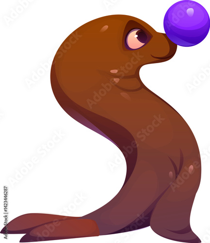 Cartoon circus font number five as a seal with a smooth brown body balancing a shiny purple ball on its nose. Vector retro carnival typeface, numeral 5 symbol as animal character perform entertainment