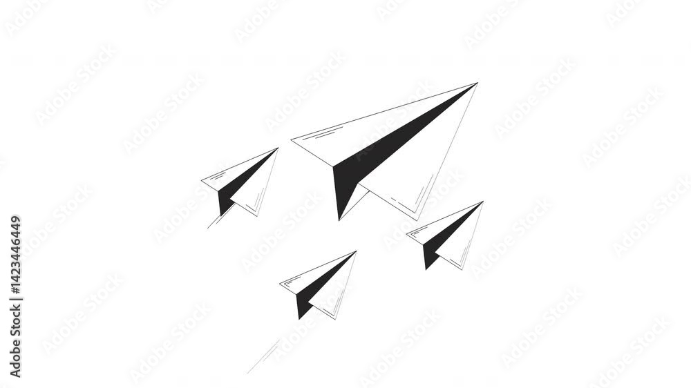 Paper planes flying in forward motion outline 2D object doodle animation. Message delivery. Mail flight. Business vision animated item isolated on white. Monochrome linear drawing 4K video Paper planes flying in forward motion outline 2D object doodle animation. Message delivery. Mail flight. Business vision animated item isolated on white. Monochrome linear drawing 4K video