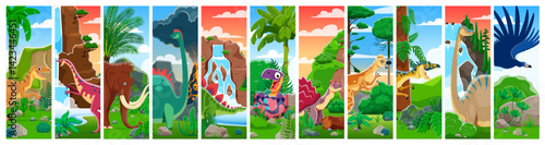 Cartoon dinosaur and baby dino in egg characters collage. Vector cute mammoth, velociraptor, diplodocus and stegosaurus dinosaur personages with prehistoric jungle, volcano and waterfall background