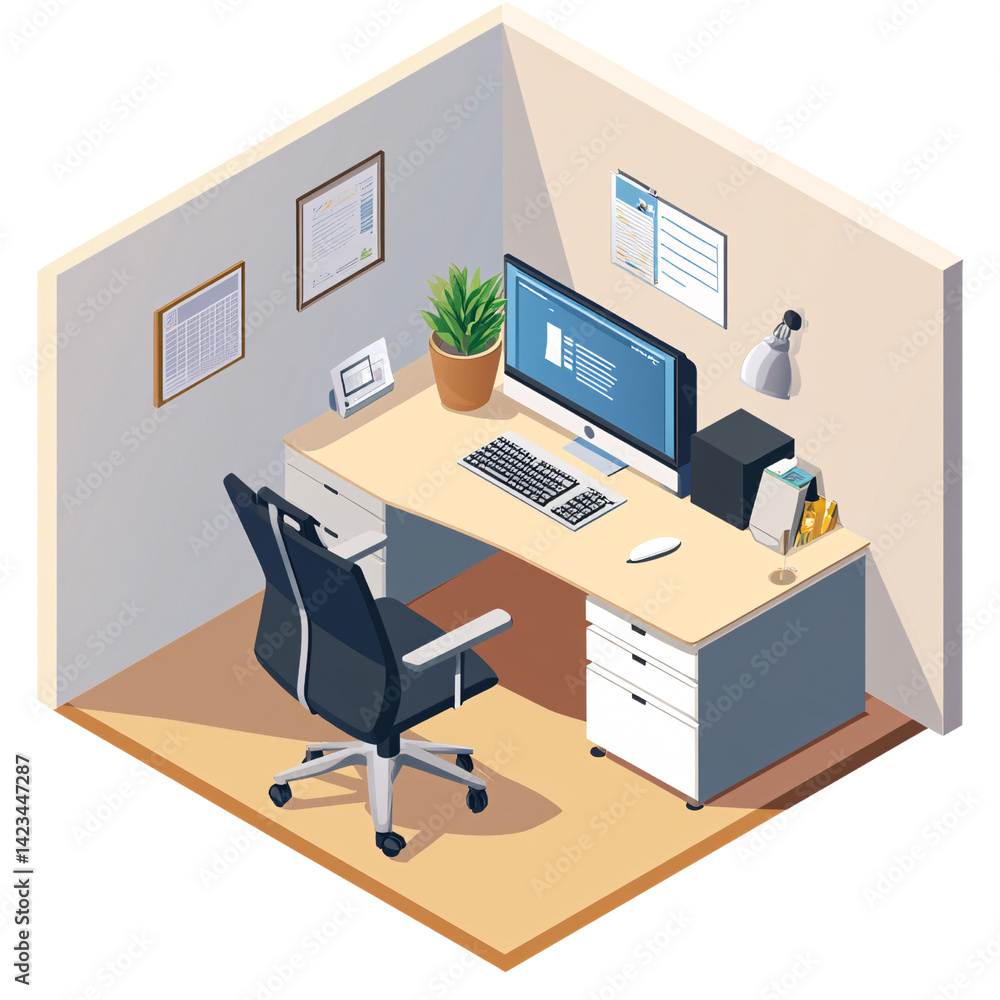 Fototapeta premium Isometric office cubicle with computer, desk, and chair, showcasing modern workspace design and corporate environment for business and technology concepts