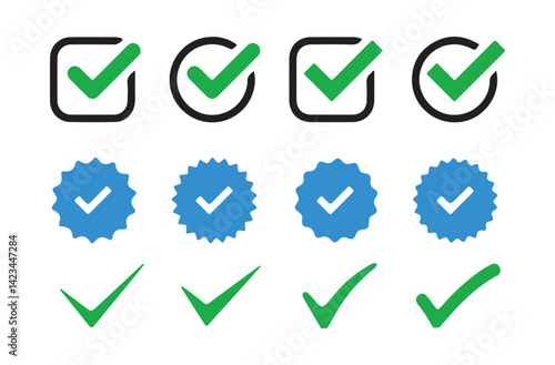 check mark and Verified badge vector icons collection. Green check mark icon. Tick symbol. Accept okay symbol. Vector Illustration