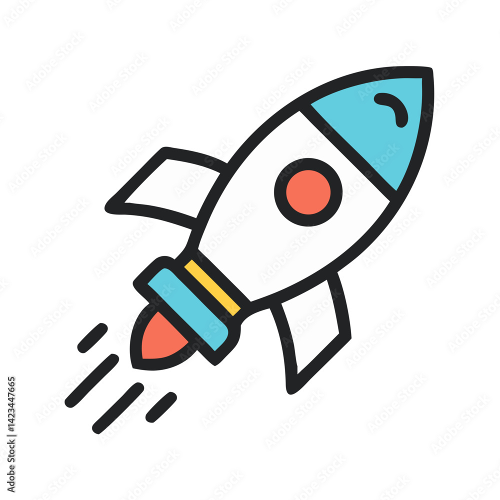 Blue rocket flying upward in minimal line art style Blue rocket flying upward in minimal line art style