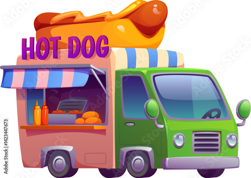 Cartoon hot dog food truck car, festival street foodtruck, vintage van with a giant hotdog on top. Cartoon vector retro vehicle features an open service window with awning, condiments and cooking area