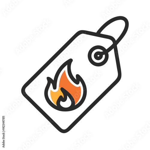 Price tag icon with fire symbol in outline style