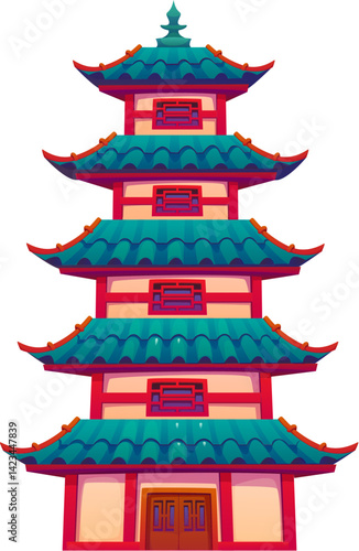 Cartoon Asian tower building. Traditional pagoda with multiple tiers, curved roofs and red accents. Isolated vector chinese or japanese temple, architecture of China or Japan religious shrine landmark
