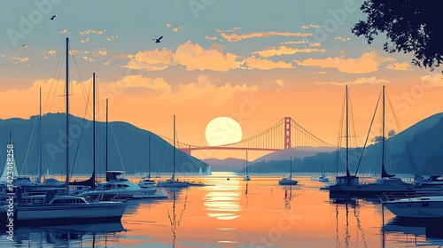 Flat vector view of San Francisco Marina with sailboats in foreground, Golden Gate Bridge and hills behind in clean silhouette, calm sunset sky, simple color blocks and crisp shapes, hd quality,