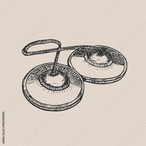 Tingsha, musical instrument drawing illustration. Small cymbals, traditional Tibetan instrument sketch engraving style vector. Hand drawn line art clipart