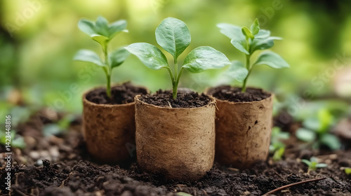 Three Young Green Seedlings in Brown Pots on Dark Soil