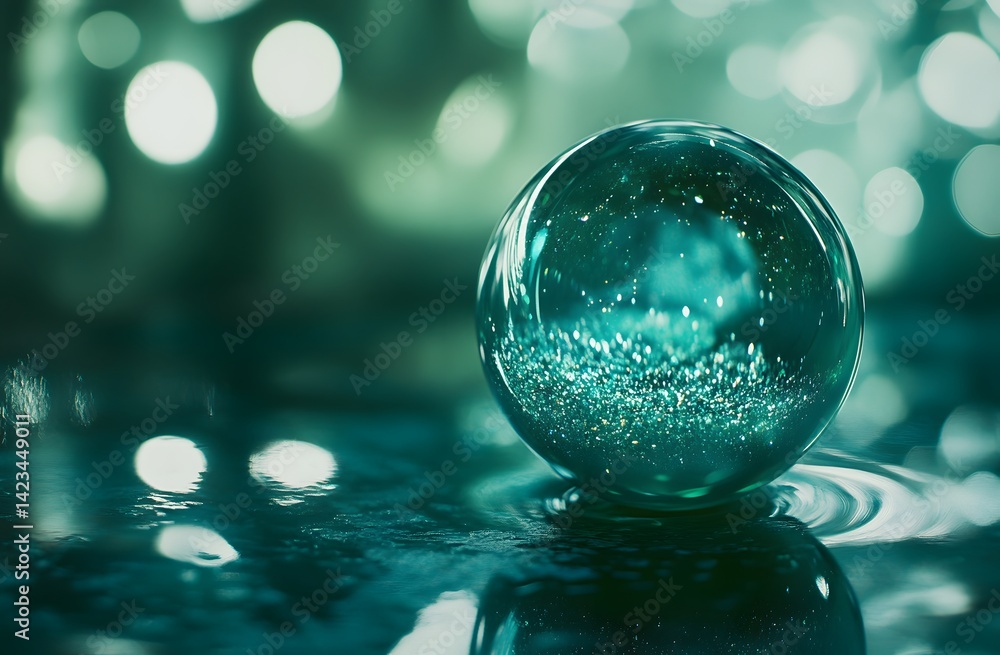 Teal glass sphere rests on a reflective surface, showcasing an ethereal interior. Teal glass sphere rests on a reflective surface, showcasing an ethereal interior.