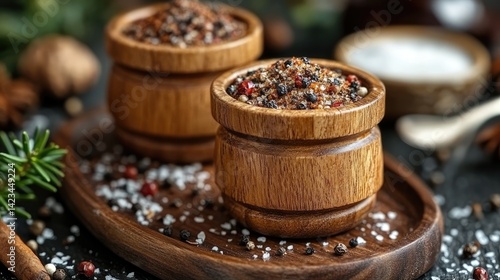 Fototapeta Naklejka Na Ścianę i Meble -  A rustic display of gourmet spices in wooden containers on a natural wood platter surrounded by earthy textures and decor elements