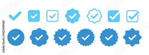 check mark and Verified badge vector icons collection. Green check mark icon. Tick symbol. Accept okay symbol. Vector Illustration