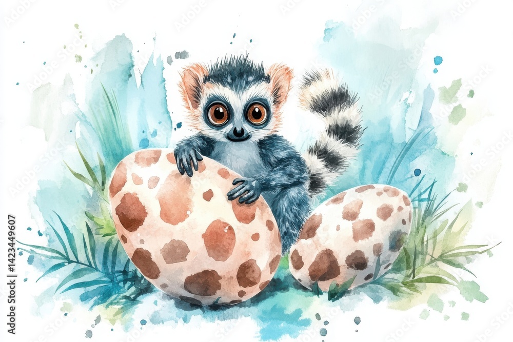 A cute, watercolor illustration of a lemur-like creature sitting beside spotted eggs, surrounded by soft green grass and a colorful splash background. A cute, watercolor illustration of a lemur-like creature sitting beside spotted eggs, surrounded by soft green grass and a colorful splash background.