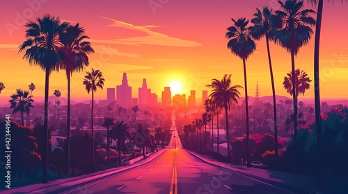 Los Angeles flat vector illustration featuring palm trees lining a road toward the skyline, minimalist style, warm sunset palette, Hollywood hills in background,