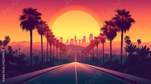 Los Angeles flat vector illustration featuring palm trees lining a road toward the skyline, minimalist style, warm sunset palette, Hollywood hills in background,