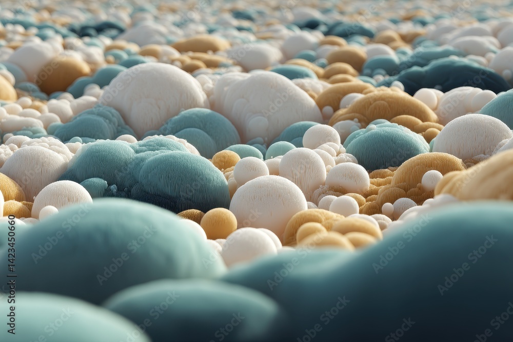Fototapeta premium Abstract landscape of soft, colorful, rounded shapes. The soft hues and textured surfaces invite a sense of calm and wonder.