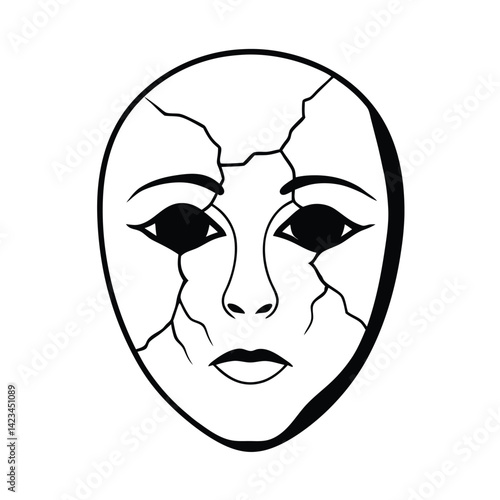 a cracked porcelain mask with sorrowful eyes peeking out
