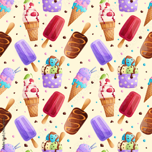 Seamless pattern of ice cream of various types and flavors. The concept of a pastry shop, summer, and a holiday. Vector illustration for the design of postcards, clothing, textiles, banners, posters