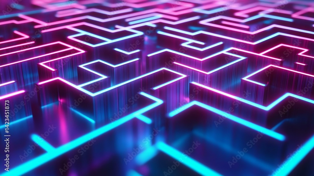 Futuristic neon maze design with vibrant pink and blue lighting, showcasing depth and intricate pathways, perfect for digital art enthusiasts. Futuristic neon maze design with vibrant pink and blue lighting, showcasing depth and intricate pathways, perfect for digital art enthusiasts.